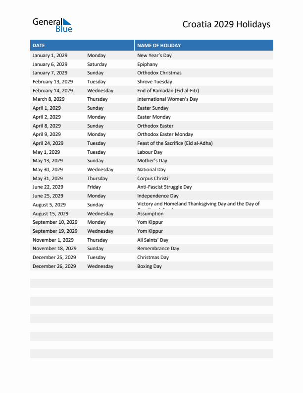 Free printable list of Croatia holidays for year 2029