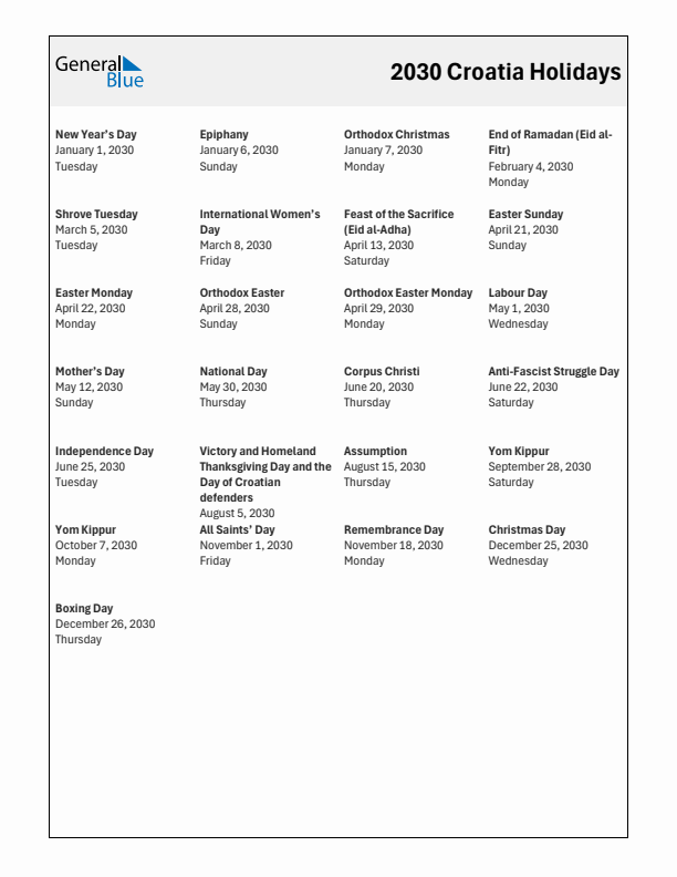 Free printable list of Croatia holidays for year 2030