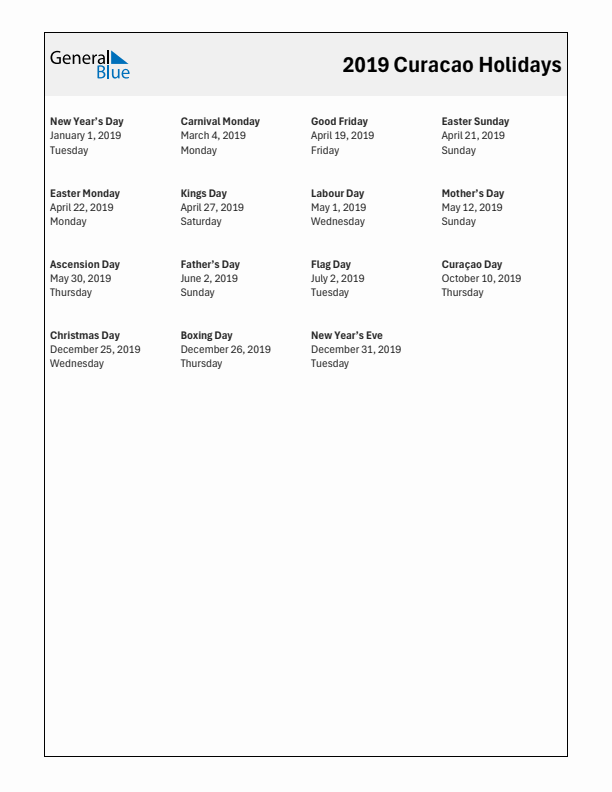 Free printable list of Curacao holidays for year 2019