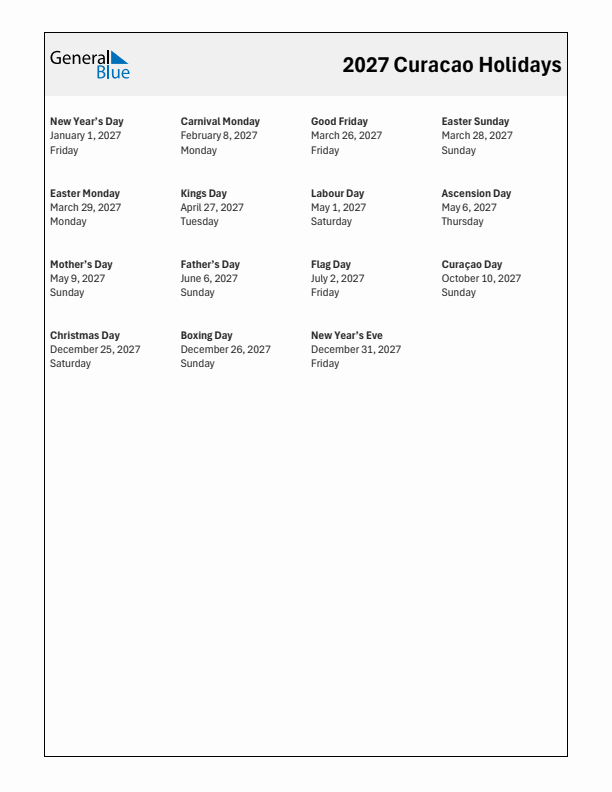 Free printable list of Curacao holidays for year 2027