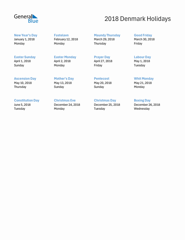 Free printable list of Denmark holidays for year 2018