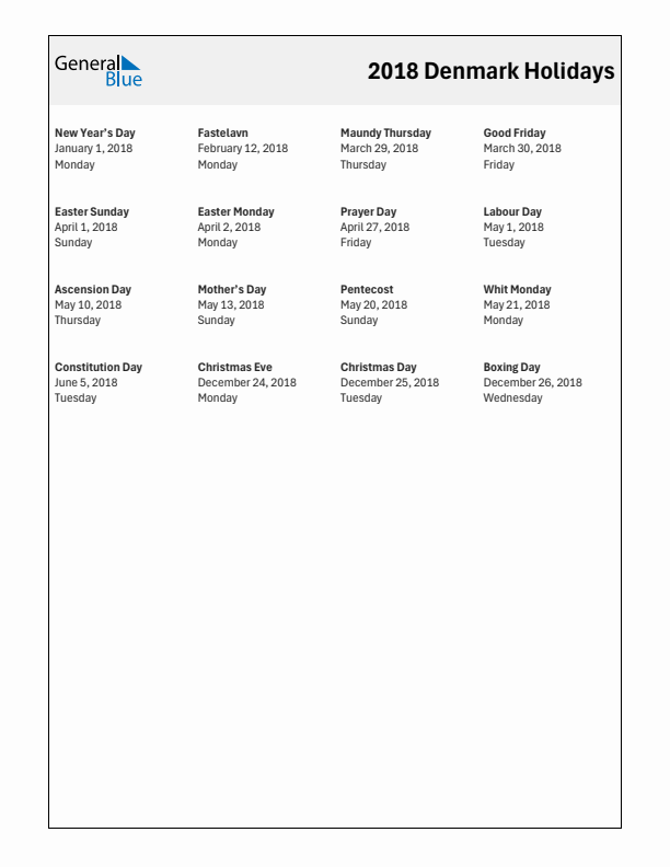 Free printable list of Denmark holidays for year 2018