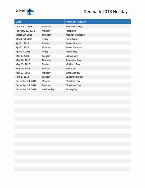 Free printable list of Denmark holidays for year 2018