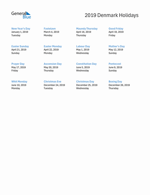 Free printable list of Denmark holidays for year 2019