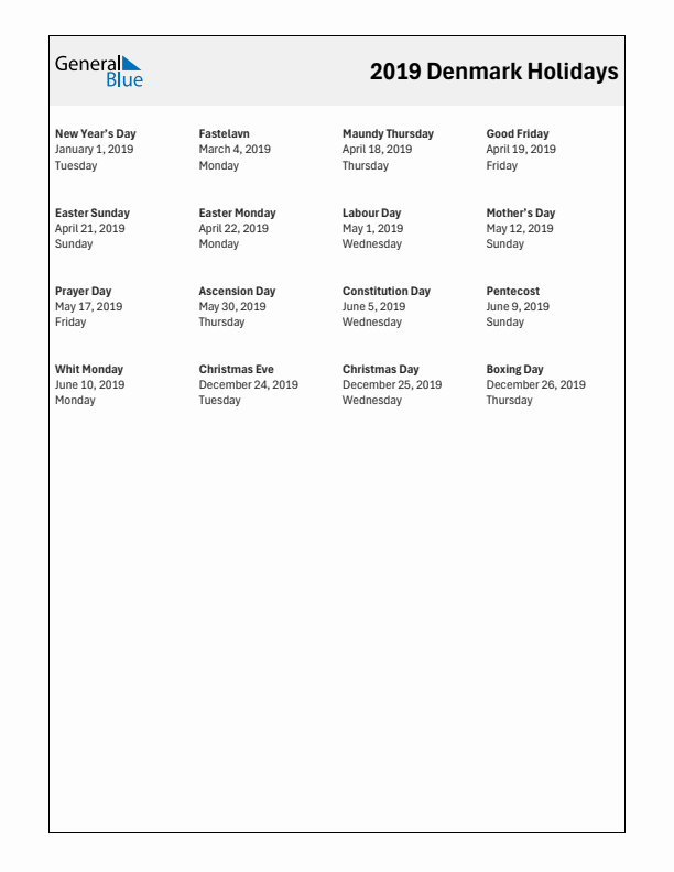 Free printable list of Denmark holidays for year 2019