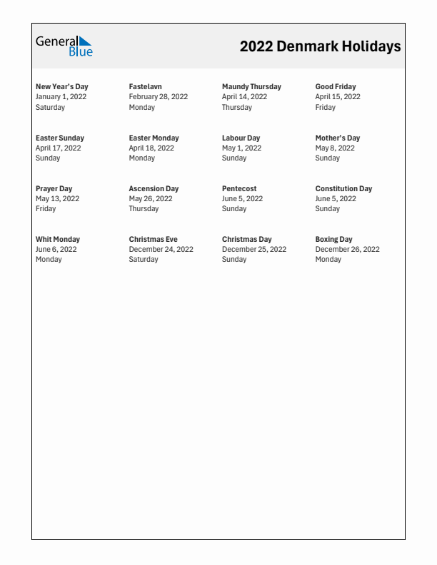 Free printable list of Denmark holidays for year 2022