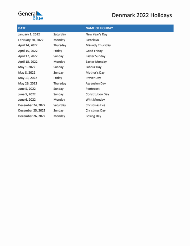 Free printable list of Denmark holidays for year 2022