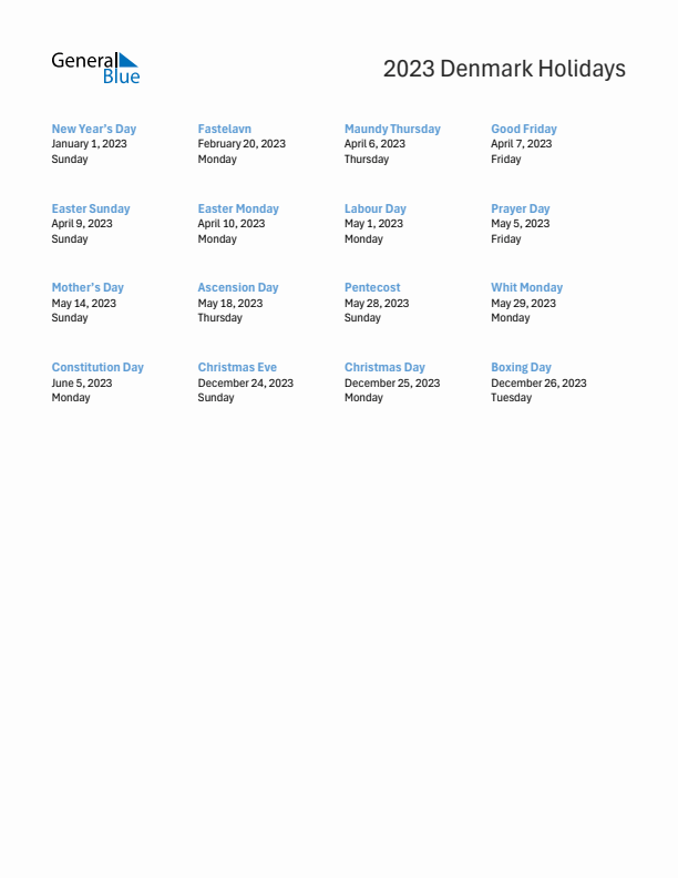 Free printable list of Denmark holidays for year 2023