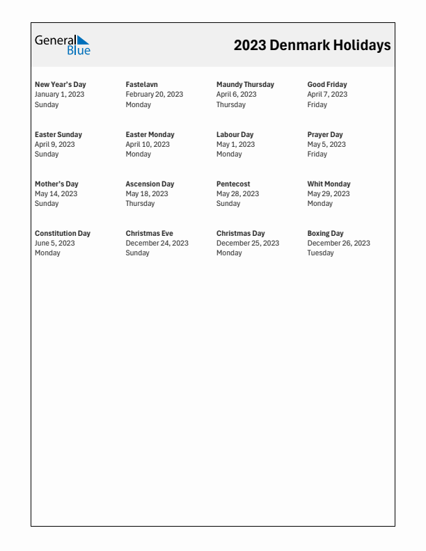 Free printable list of Denmark holidays for year 2023