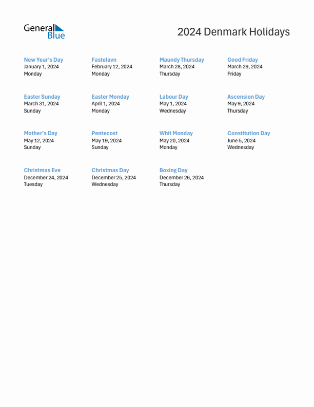Free printable list of Denmark holidays for year 2024