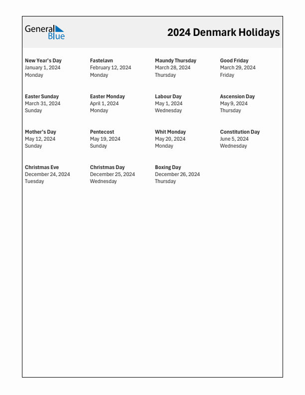 Free printable list of Denmark holidays for year 2024