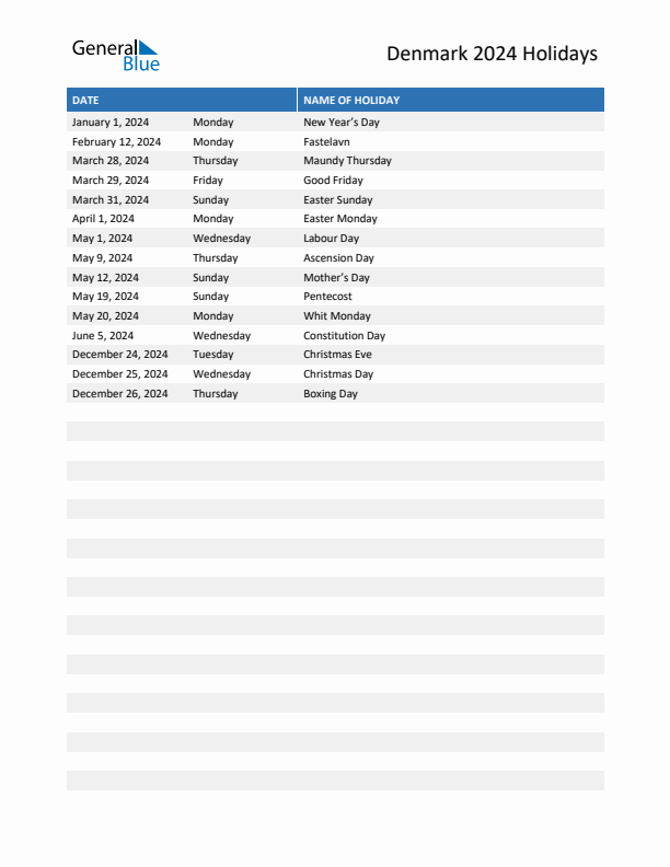 Free printable list of Denmark holidays for year 2024