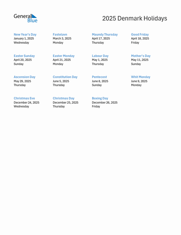 Free printable list of Denmark holidays for year 2025