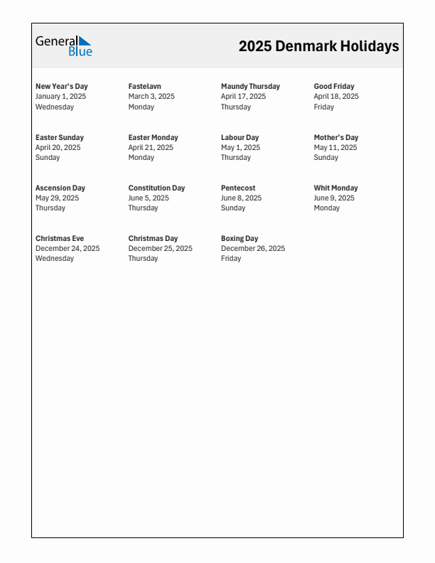 Free printable list of Denmark holidays for year 2025