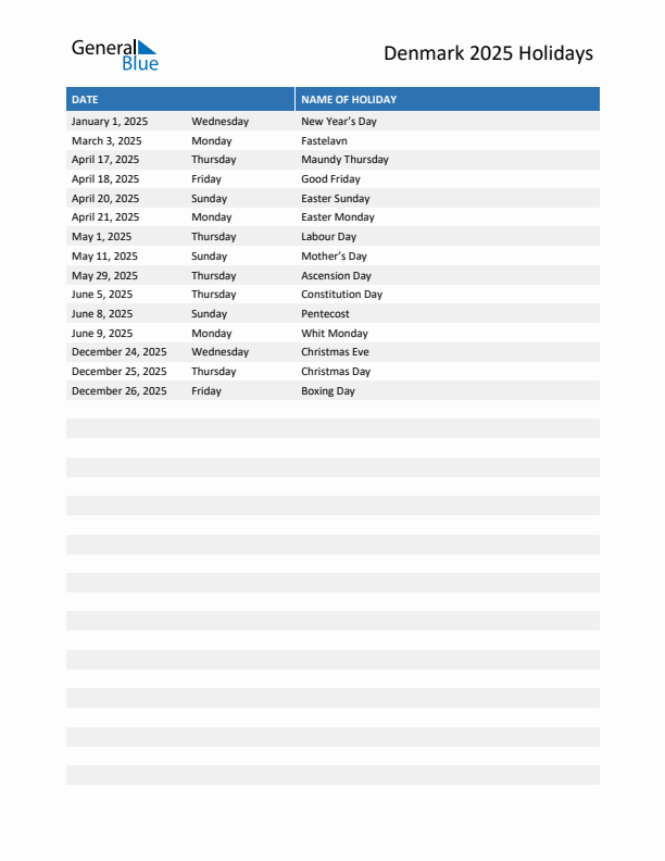 Free printable list of Denmark holidays for year 2025