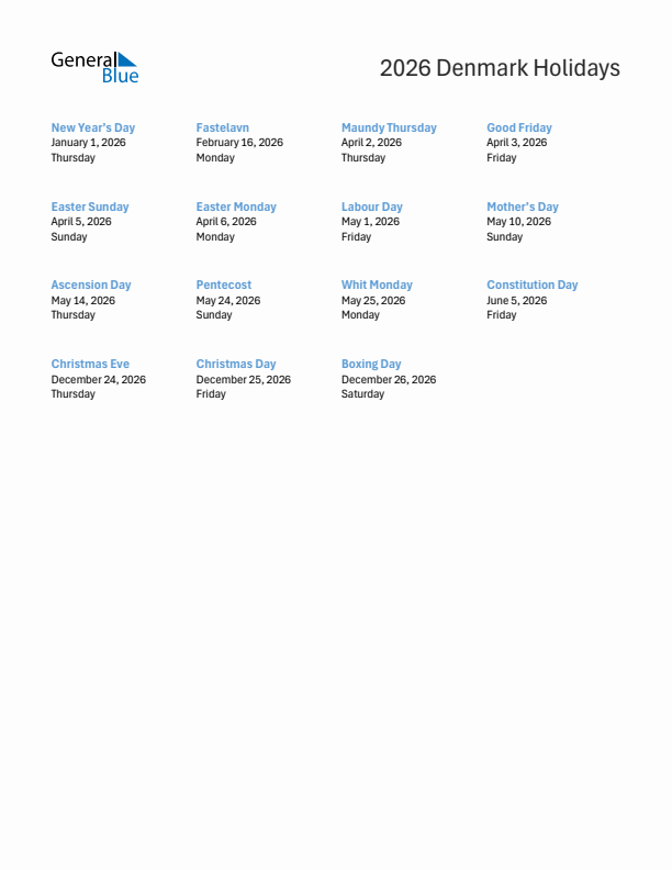 Free printable list of Denmark holidays for year 2026