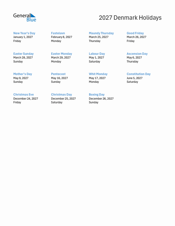 Free printable list of Denmark holidays for year 2027