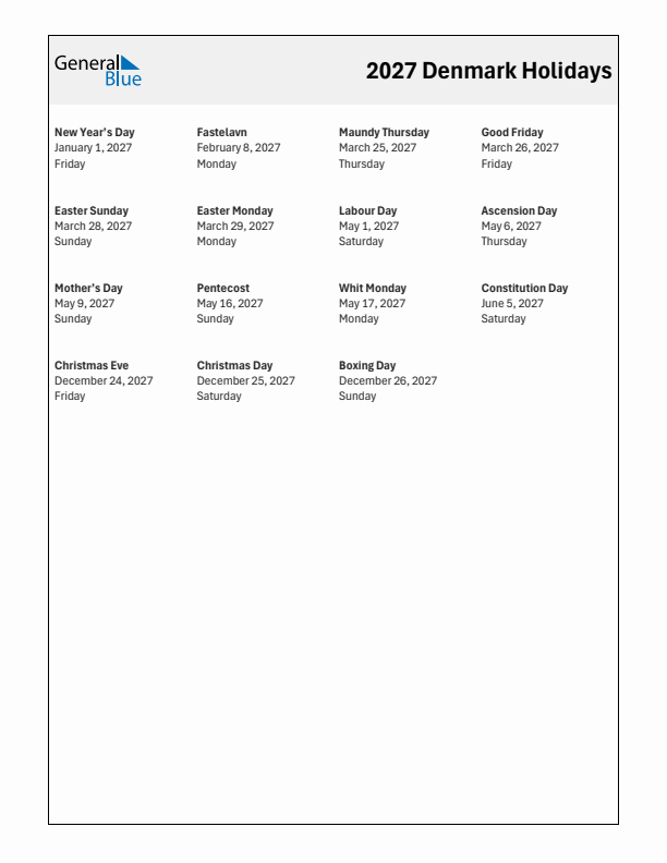 Free printable list of Denmark holidays for year 2027