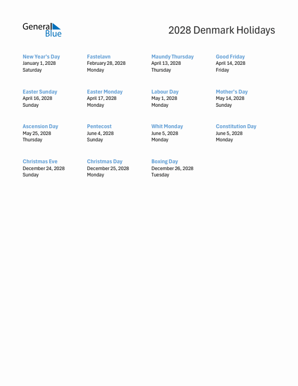 Free printable list of Denmark holidays for year 2028