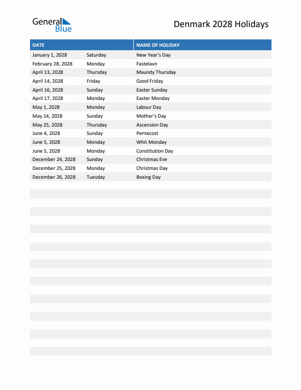 Free printable list of Denmark holidays for year 2028