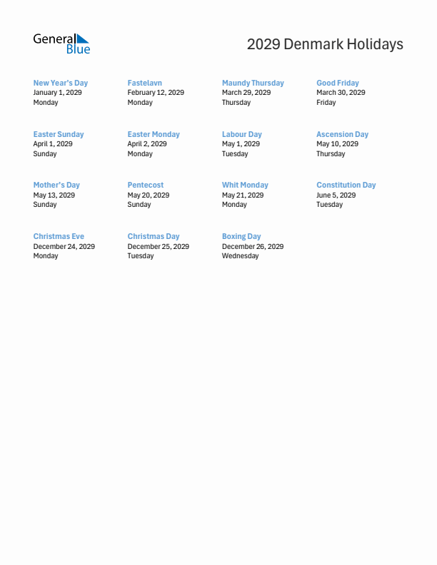 Free printable list of Denmark holidays for year 2029