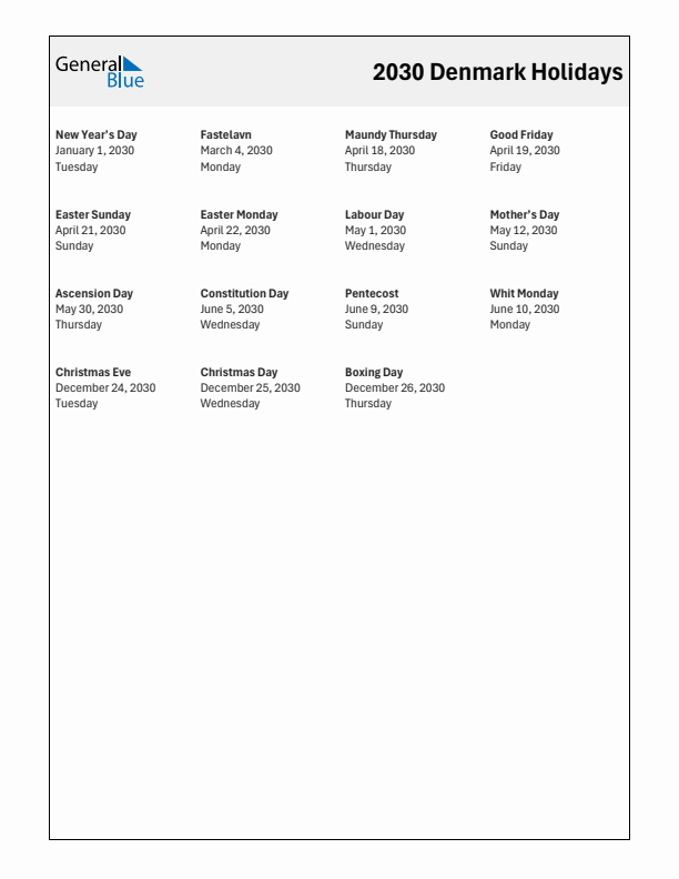 Free printable list of Denmark holidays for year 2030