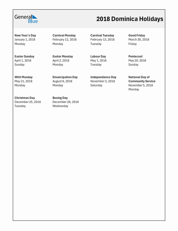 Free printable list of Dominica holidays for year 2018