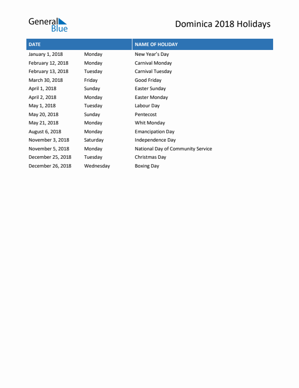 Free printable list of Dominica holidays for year 2018