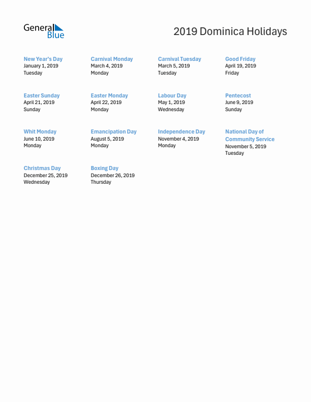 Free printable list of Dominica holidays for year 2019