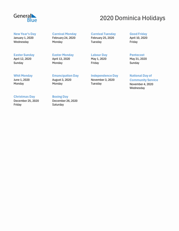 Free printable list of Dominica holidays for year 2020