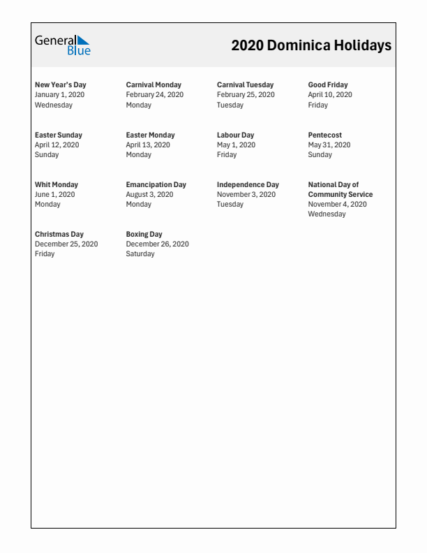 Free printable list of Dominica holidays for year 2020