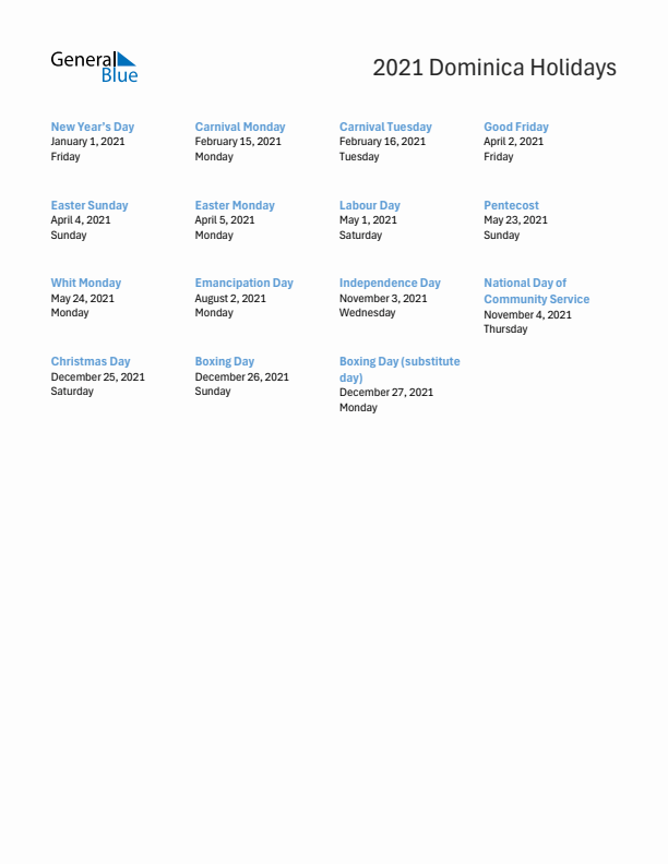 Free printable list of Dominica holidays for year 2021