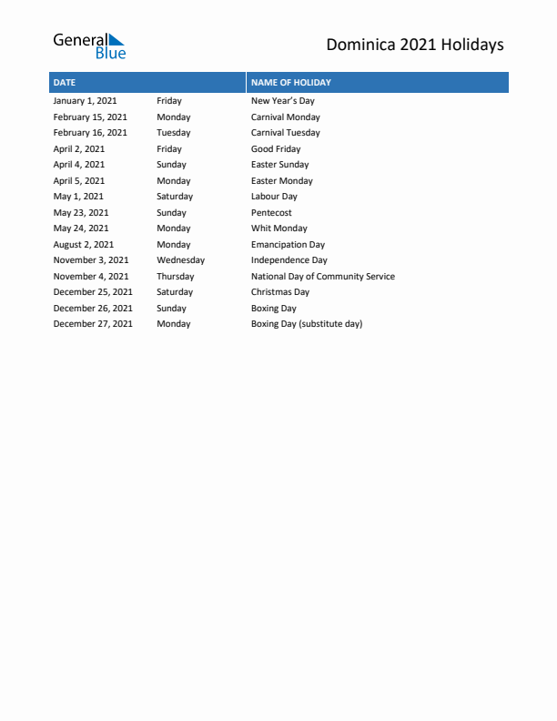 Free printable list of Dominica holidays for year 2021