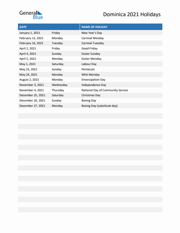 Free printable list of Dominica holidays for year 2021