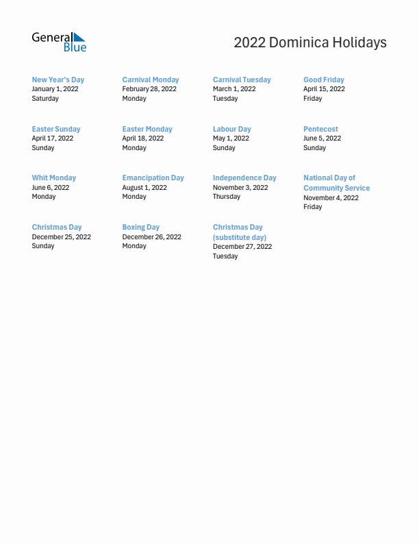 Free printable list of Dominica holidays for year 2022