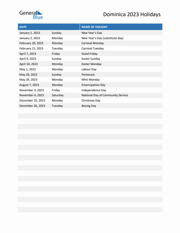 Free printable list of Dominica holidays for year 2023