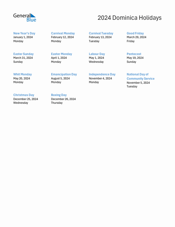 Free printable list of Dominica holidays for year 2024