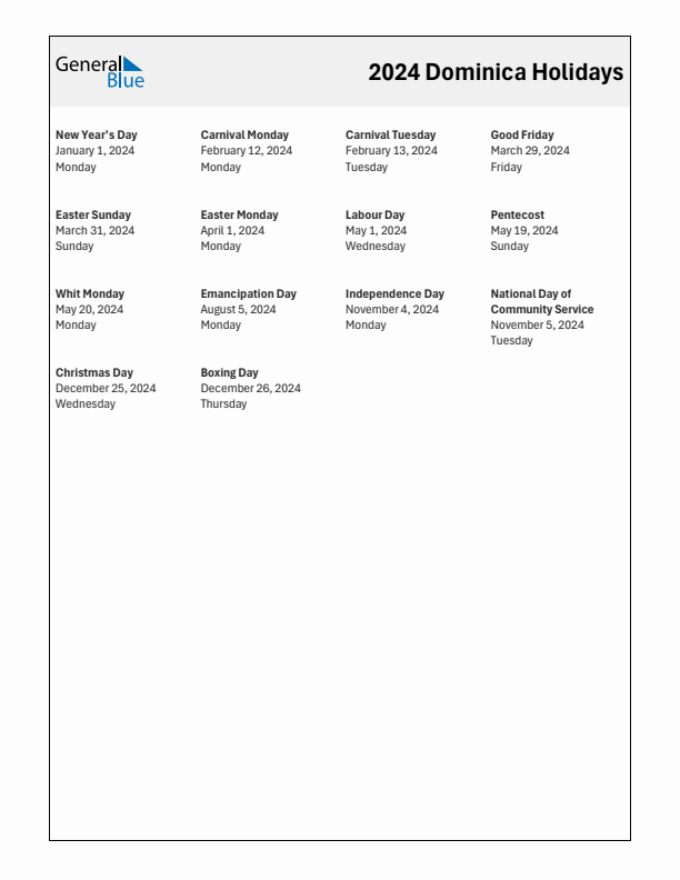 Free printable list of Dominica holidays for year 2024