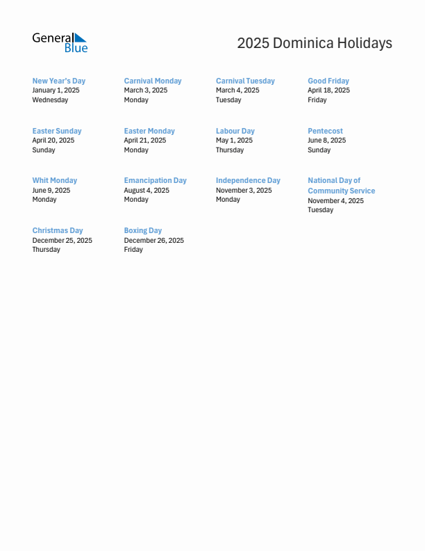 Free printable list of Dominica holidays for year 2025