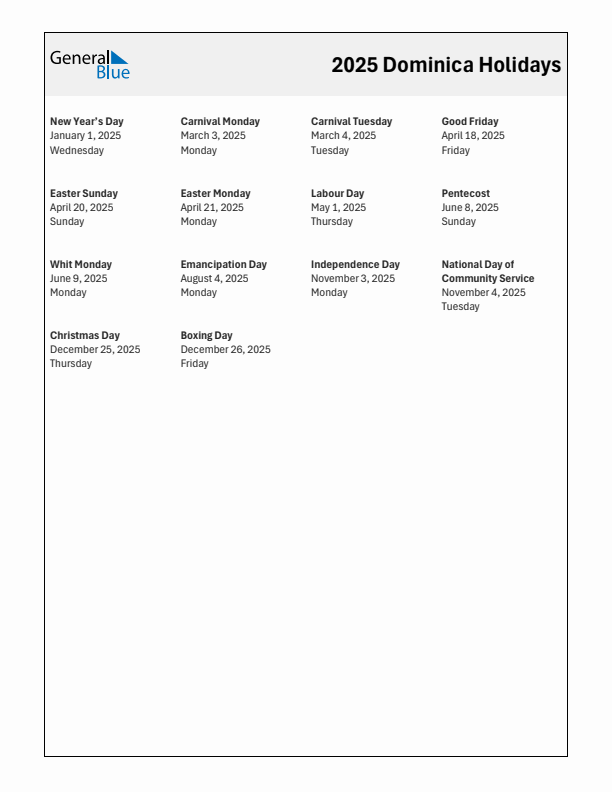 Free printable list of Dominica holidays for year 2025