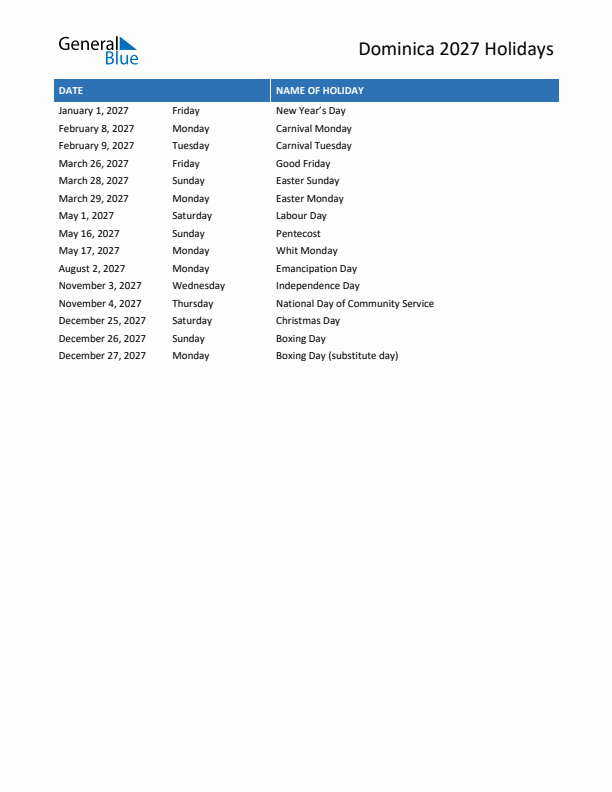 Free printable list of Dominica holidays for year 2027