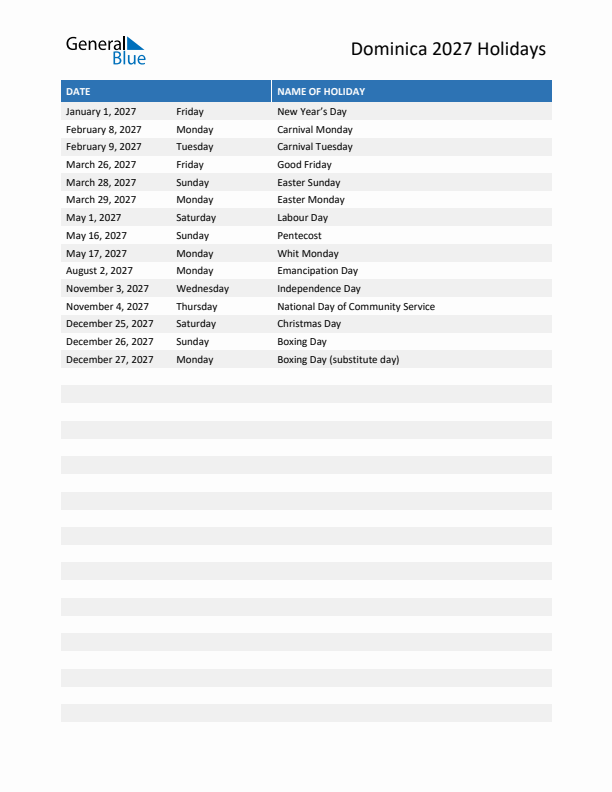 Free printable list of Dominica holidays for year 2027