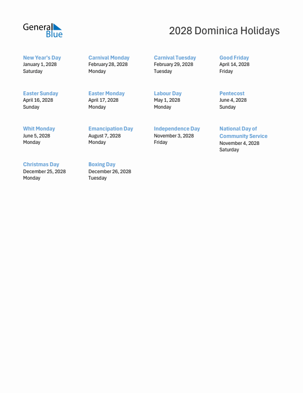 Free printable list of Dominica holidays for year 2028