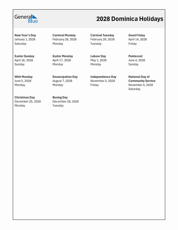 Free printable list of Dominica holidays for year 2028