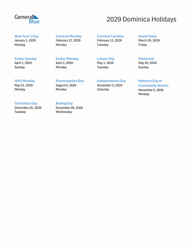 Free printable list of Dominica holidays for year 2029