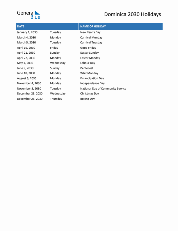 Free printable list of Dominica holidays for year 2030