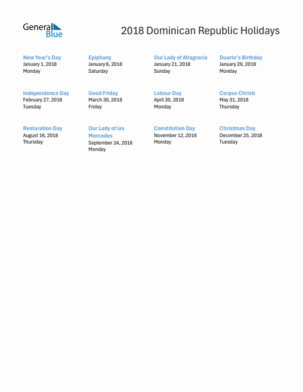 Free printable list of Dominican Republic holidays for year 2018