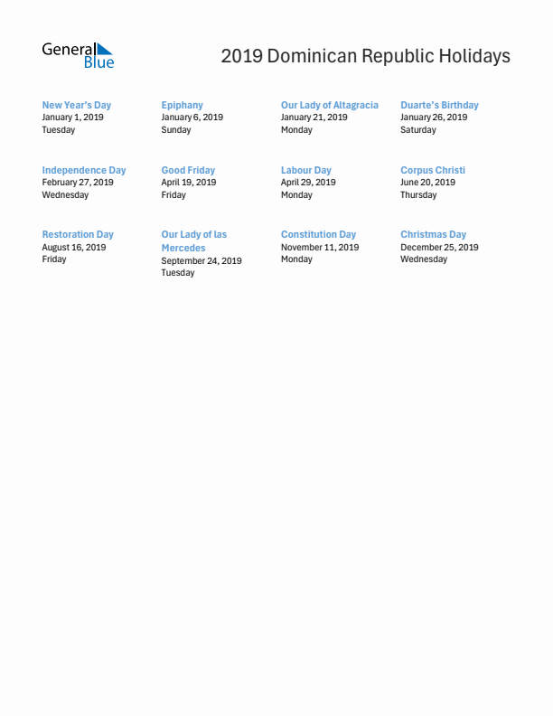 Free printable list of Dominican Republic holidays for year 2019