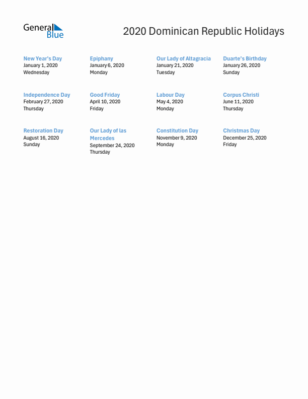 Free printable list of Dominican Republic holidays for year 2020