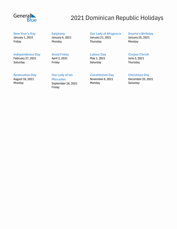 Free printable list of Dominican Republic holidays for year 2021